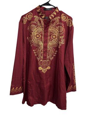 Mage Male Traditional Kurta Shirt Maroon Sz Large Long Sleeves Gold Pattern NWT